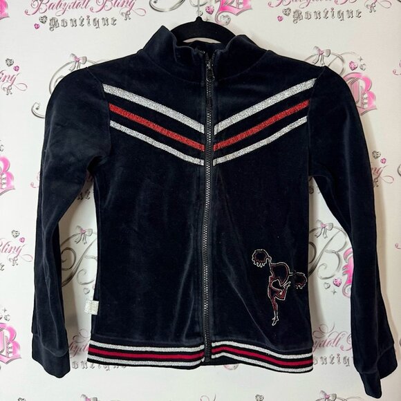 kim possible Tops - Kim possible sweater zip up Black Velour Jacket with Red and Silver Stripes